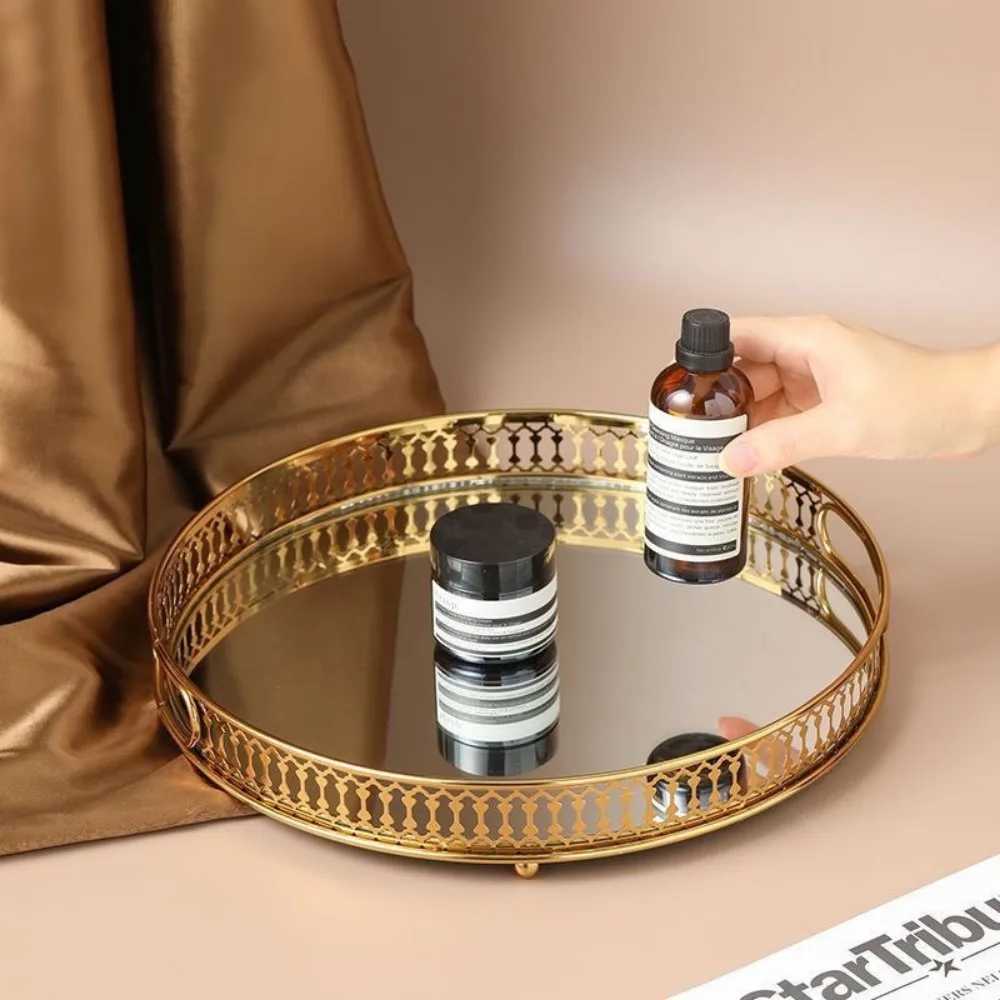 Luxury Gold Mirror Storage Tray Round Rectangle Metal Jewelry Tray Large Capacity Glass Makeup Snack Tray Bedroom Living Room Y251129