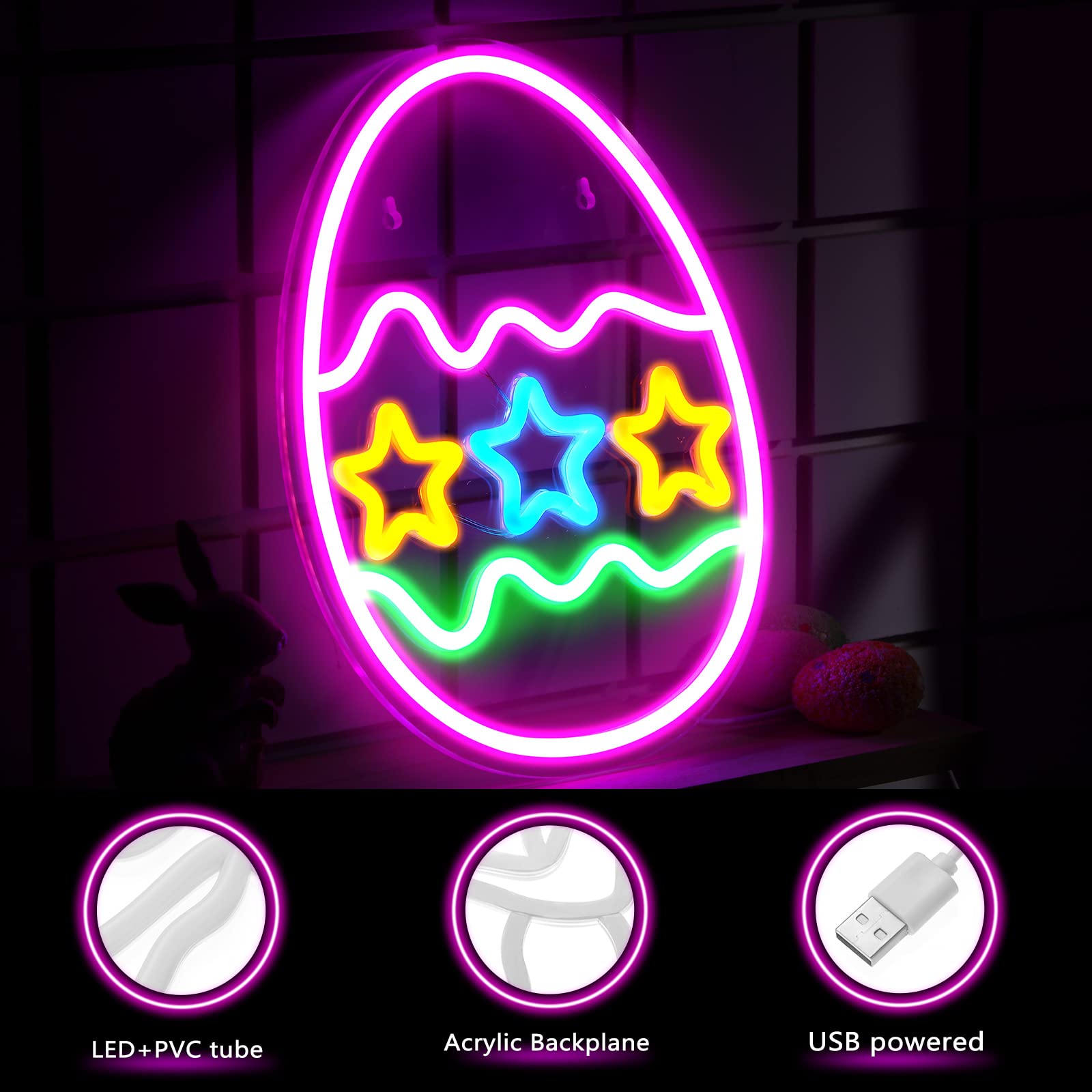 Easter Egg Neon Signs Easter Decorations Light up LED Neon Sign Light USB Wall Bar Living Room Decor for Spring Decor Party Home Bedroom Table Gifts,