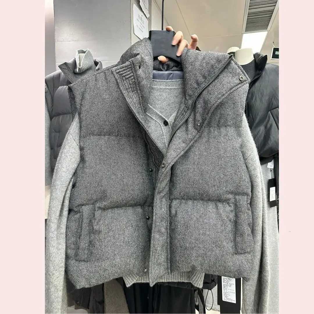 Korea Chic Streetwear Personalized Vest Short Parkas Casual Elegant Coat Advanced High Street Coats Gray Women Outerwear JacketsT251129