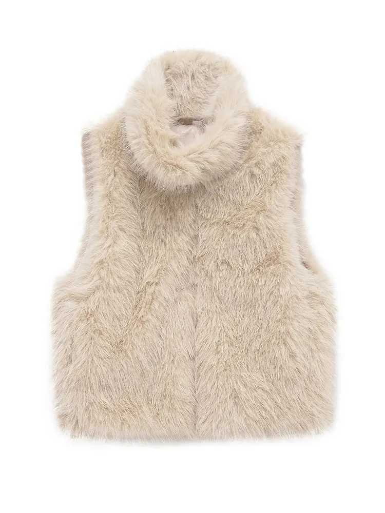 HH Women Fashion Faux Fur Waistcoats Sleeveless Turtleneck Short Vest Coat Woman Vintage Solid Casual Office Lady OutwearT251129