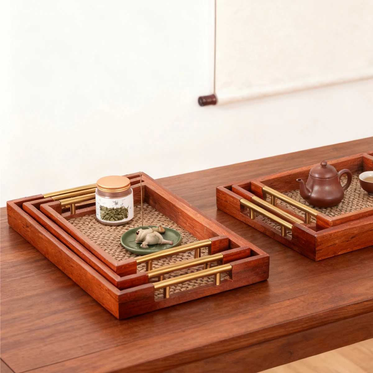 Solid Wood Rectangle Serving Tray with Metal Handles - Coffee Table Kitchen Decor 177x118 BrownPlastic rattan base Y251129