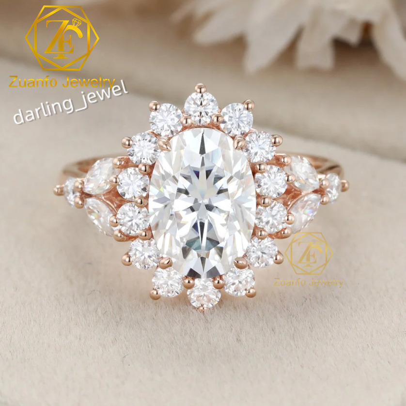 Luxury Vintage Cluster Ring 2.5 ct Oval Cut Moissanite 14K 18K Rose Gold Moissanite Ring for Engagement or Anniversary