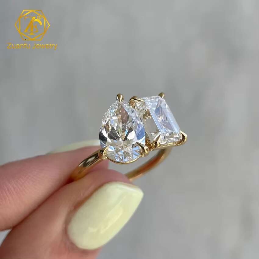 Vintage Jewelry Toi Et Moi Ring Moissanite D 3CT Emerald Cut and 2CT Pear Cut Moissanite 14K Yellow Gold Diamond Wedding Ring