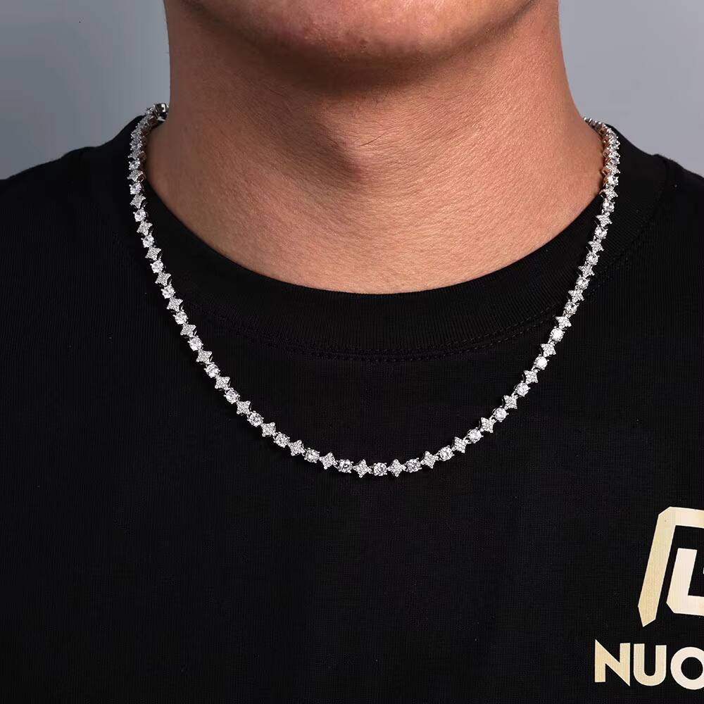 NUOYA 6mm Sparkling Diamond Tennis Chain Hip Hop Jewelry Iced Out Spring Clasp Round Zircon Star Tennis Chain Necklace for Gift