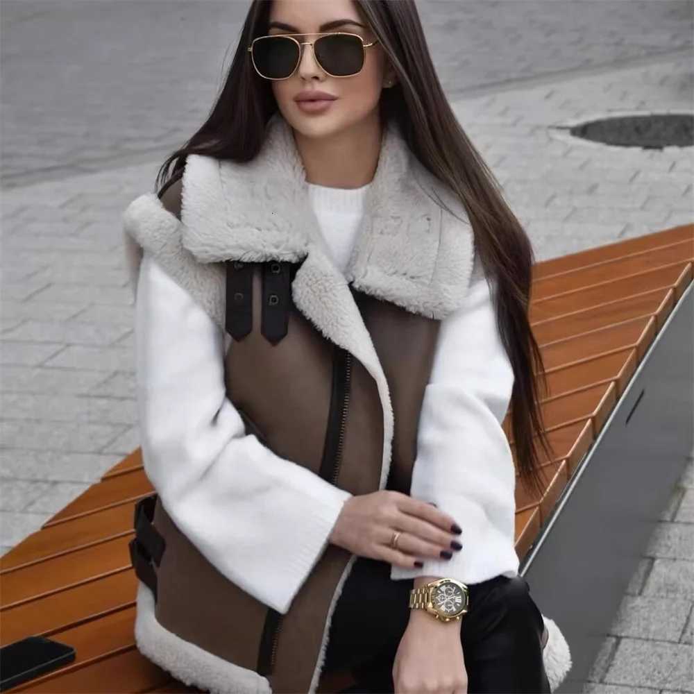Autumn/Winter New Product Womens Casual Fur One Piece Collar Sleeveless Splicing Thick Fleece Zipper Coat VestT251129