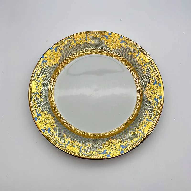 Luxury Steak Plate Light Luxury 7/10-inch Embossed w Gold-rimmed Bone Disc Large Flat Plate Shallow Plate Y251129