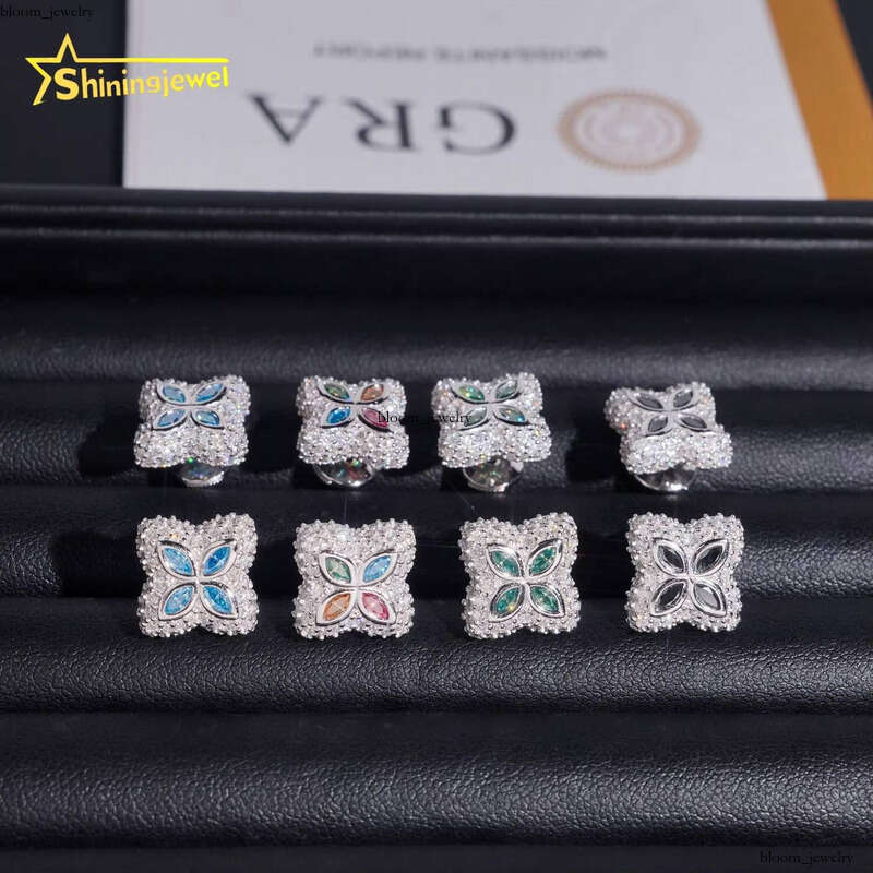 New Arrival Custom Hip-Hop Men's Ice-Cold 925 Silver Clover Flower Multicolor Marquise 15MM Millimeter VVS Moissanite Earrings