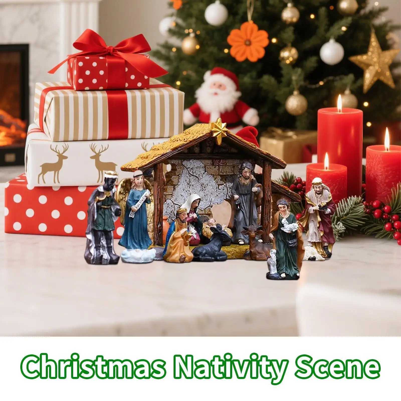 Nativity Set 12 Pieces Religious Jesus Birth Scptures Resin Holiday Decorations Nativity Scene Manger Statue H251129