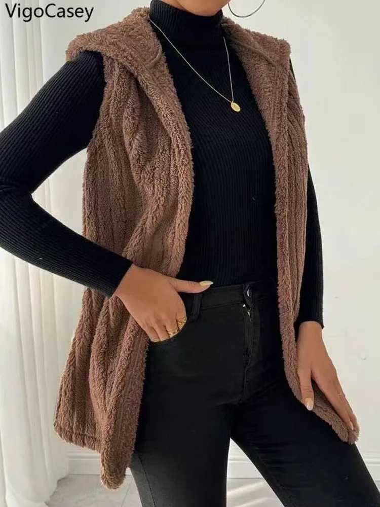 VigoCasey 2025 Autumn Winter Brown Long Thick Vest Coat Woman Sleeveless Plush Warm Waistcoat Lady Hooded Casual Vest JacketT251129