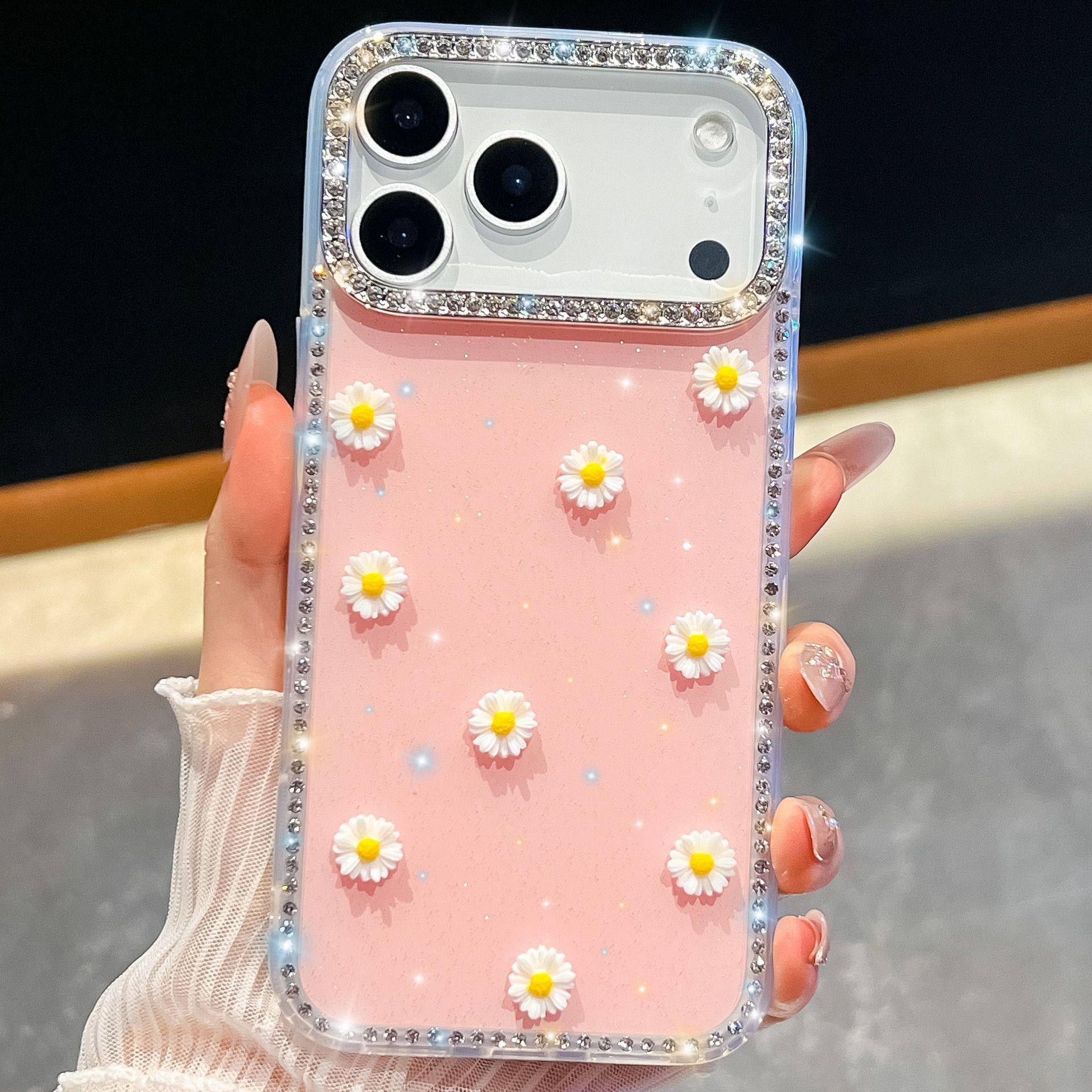 Small Daisy Phone Case iPhone 17 Pro Max Luxurious Sparkling Compatible Diamond Glitter Transparent Case with Apple 16/15/14 Pro