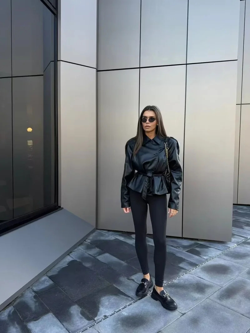 ETJ 2025 autumn womens fashion belt leather long sleeve short trench coat casual 251114