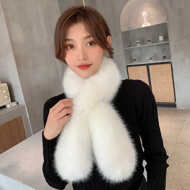 Plush Cross Scarf Faux Rabbit Fur Thickened Soft Scarves Solid Color Winter Cold Resistant Women Neck Warmer Collar ScarfJ251129