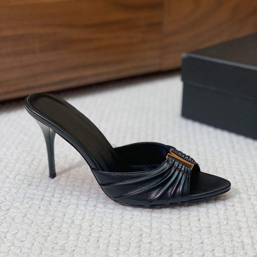 Top quality Elegant Mules casual leather luxurious designer sandals women fashionable fold decoration Stiletto Heel slipper Wedding Party Dress shoes Bring a box