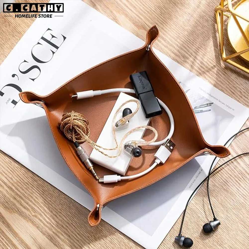 1PC 25X25CM Leather Tray Foldable Table Storage Box Jewelry Key Coin Desk Top Organizer Entryway Nightstand Home Decoration Y251129