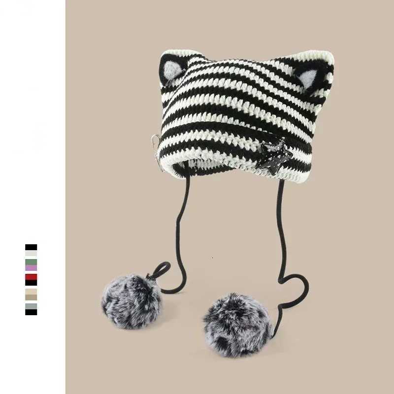 Handmade Y2k Japanese Cat Ear Beanies Rabbit Hair Pom-pom Striped Sweetheart Girl Knit Cap Autumn and Winter Warm Womens HatsXJ251129