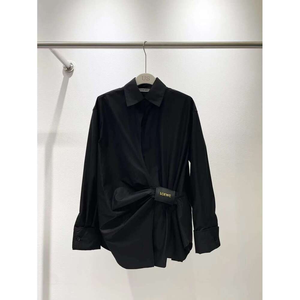 25 Spring And Summer New Long Sleeve Waist Shirt Women Irregular Lacing Leather Label Design Slim Temperament Blouse