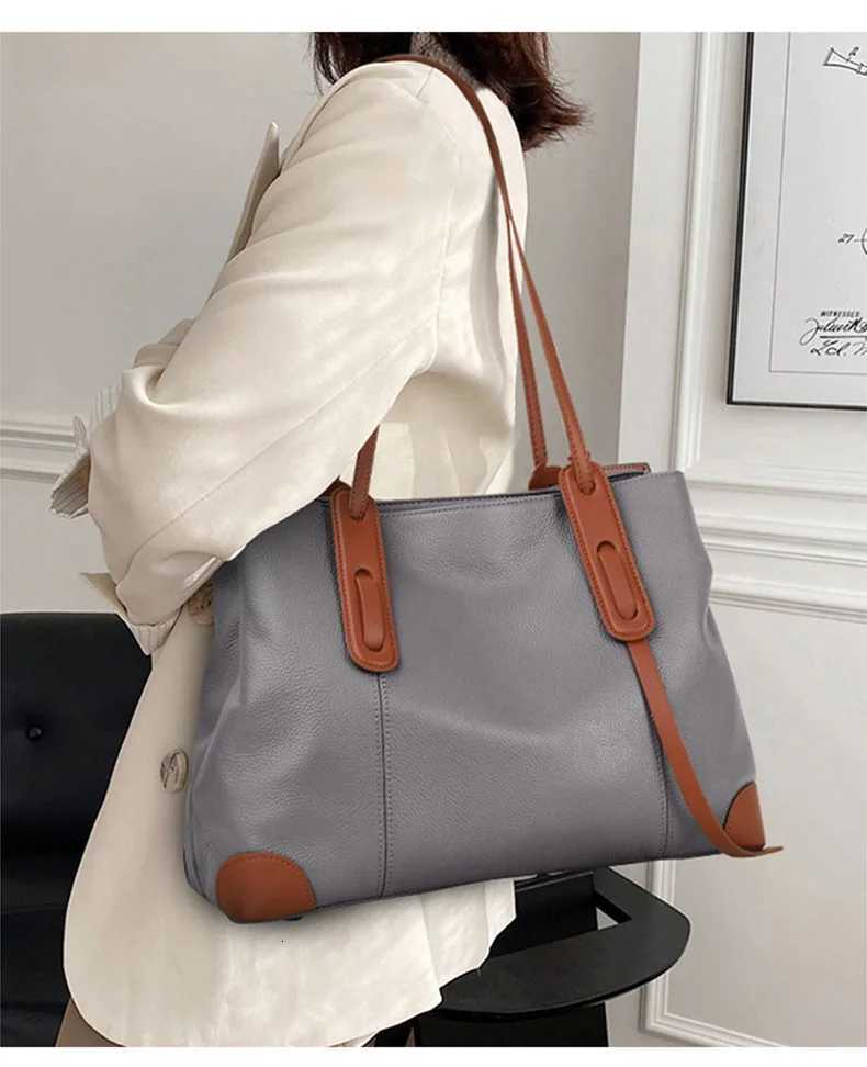 2024 Winter Spring Lichee Genuine Leather Women Shoulder Handbag Large Capacity Soft Cowhide Pacthwork Female Tote Bag K251128