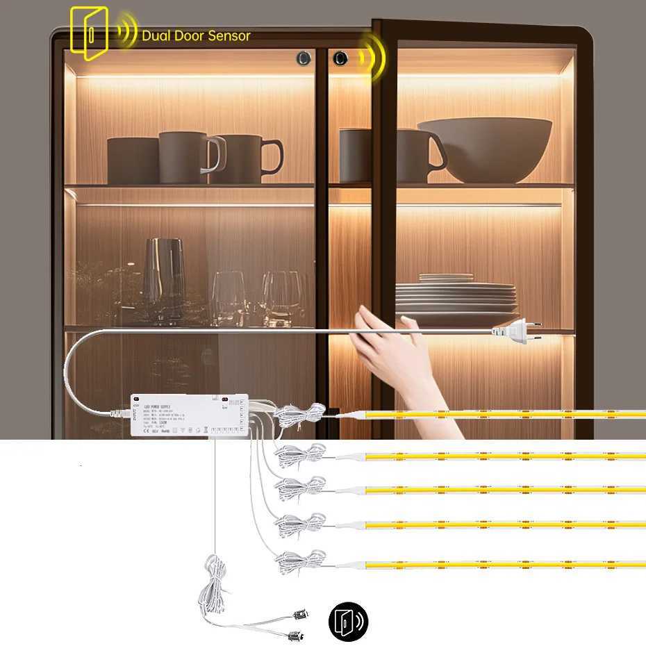 Dual Door Motion Sensor Control with 24V LED COB Strip Light for Kitchen Cabinets Wardrobes Pantry Showcase Closet Collection M251129
