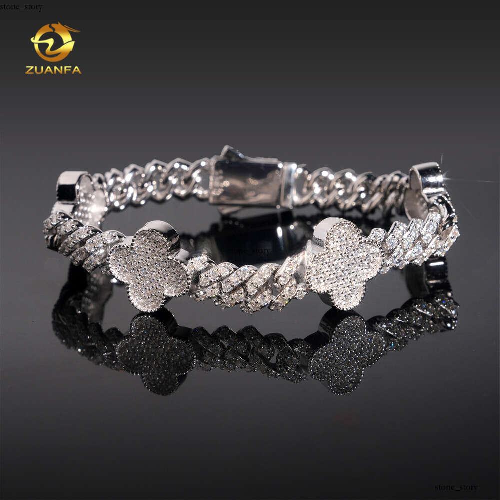 Bulk Stock Hot Sale Rapper Fashion Luxury Jewelry S925 Silver Iced Hip Hop VVS Moissanite Clover Flower Cuban Bracelet