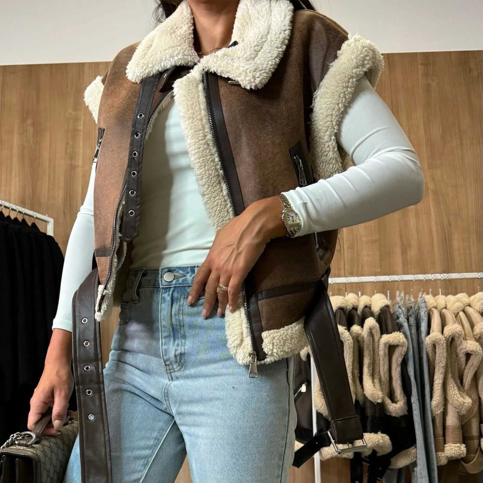 Womens Winter Faux Suede Vest Sleeveless Zipper-Up Fleece Sherpa Lined Jacket Fashion Casual Outerwear CoatT251129