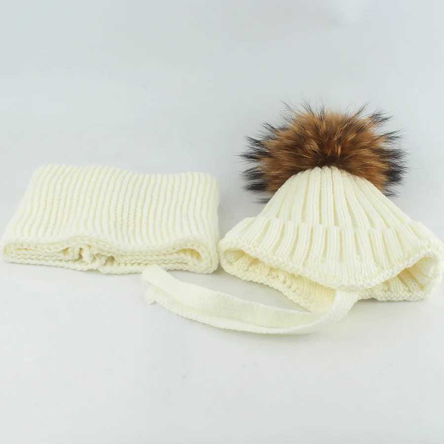2Pcs Winter Baby Hat Scarf Set Genuine Fur Ball Infant Bonnet Knitted Kids Cap Fleece Lining Warm Ears Toddler Beanie Hats 1-6YW251129 - view 5