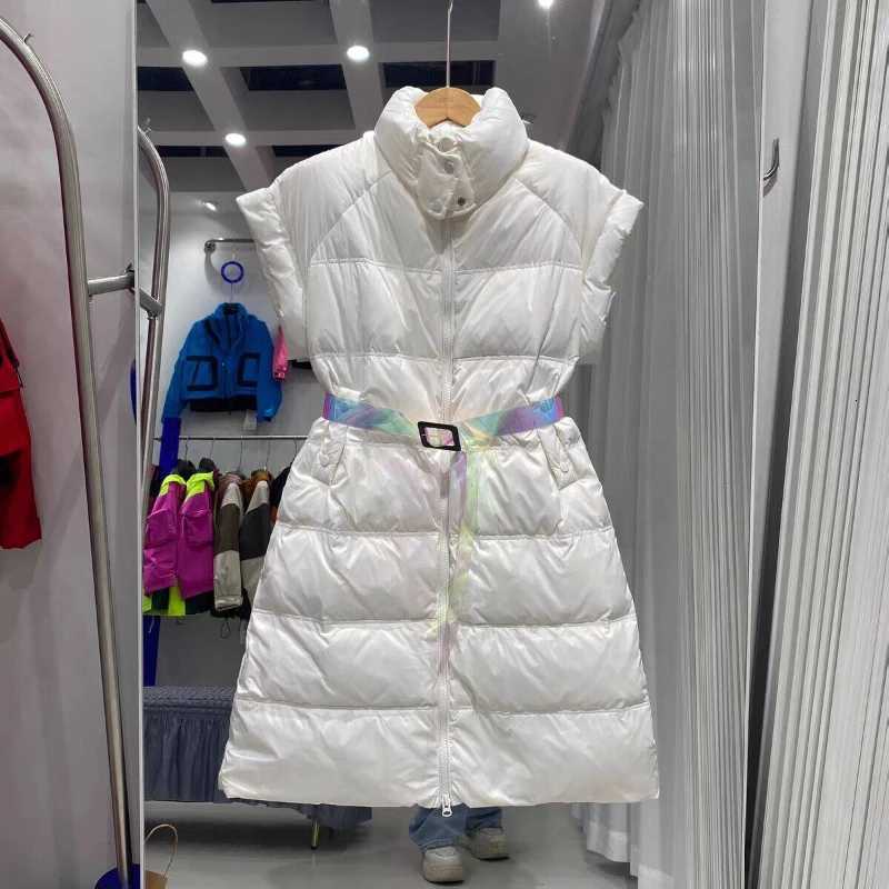 Tight Waist Long Duck Down Vest Coat Womens Fashion Thick Stand Collar Warm Jacket Sleeveless Vest Puffer CoatsT251129