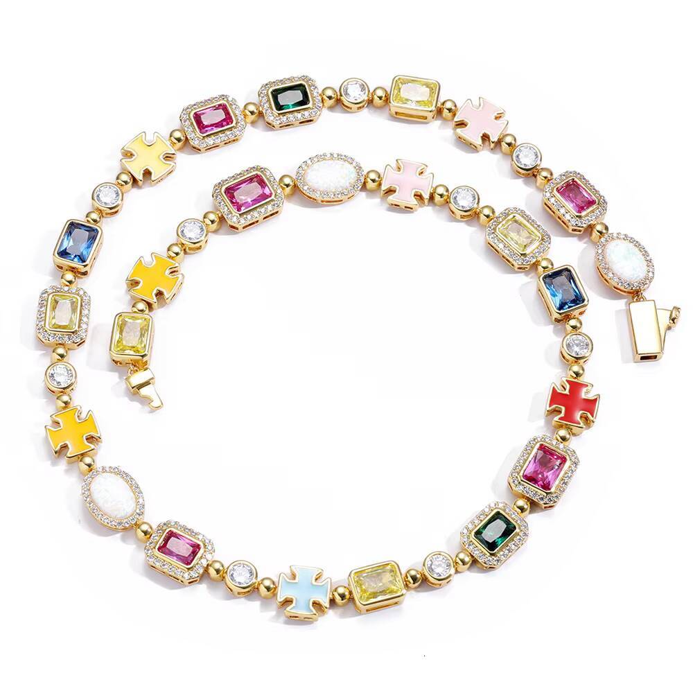 Hip Hop Colourful Gem High End Iced Out CZ Zircon Tennis Chain Waterproof Non Tarnish Free Fashion Jewelry Necklaces Wholesale
