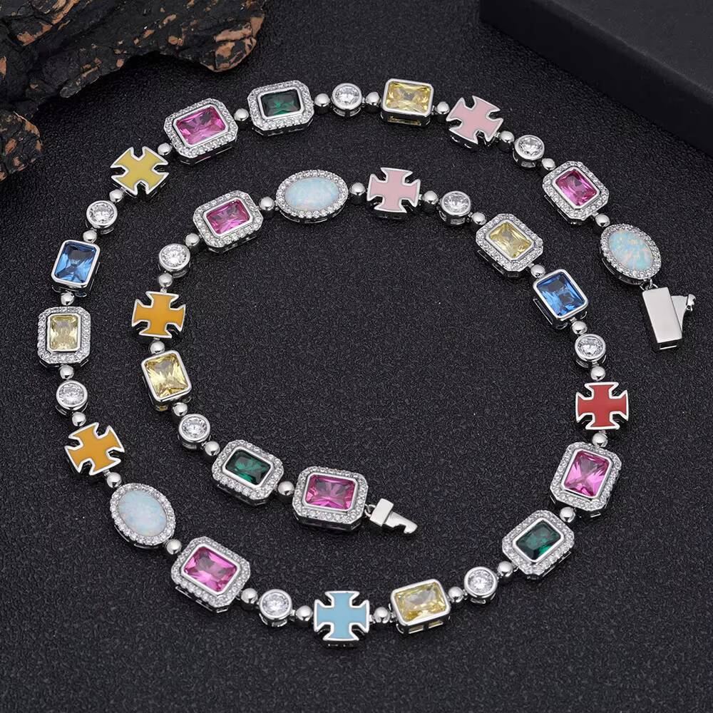 Hip Hop Colourful Gem High End Iced Out CZ Zircon Tennis Chain Waterproof Non Tarnish Free Fashion Jewelry Necklaces Wholesale