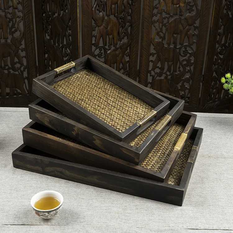 Wooden Tray Thai Rattan Beauty Salon Tray Hotel Rectangular Water Cup Tea Cup Storage Tea Tray Y251129