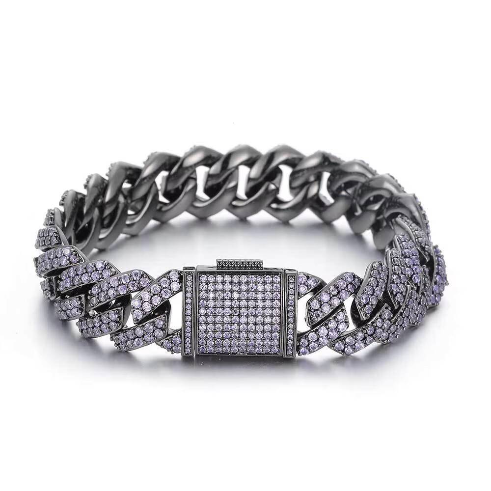Hip Hop Jewelry 15mm Purple Diamond Cuban Link Chain Setting AAA Cubic Zirconia Prong Cuban Chain Bracelet