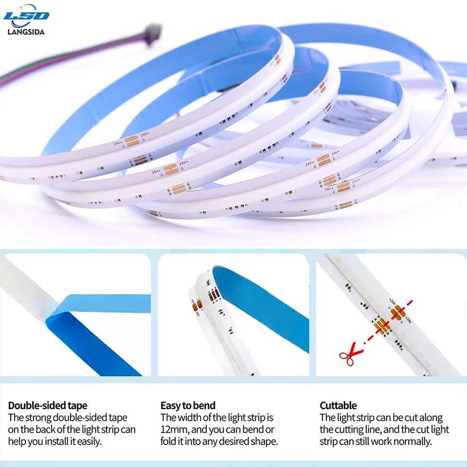 FCOB RGBW LED Strip 5-Pin 12mm Width DC24V 784 LEDs Flexible High-Density RA90 Dimmable Linear 16W M251129