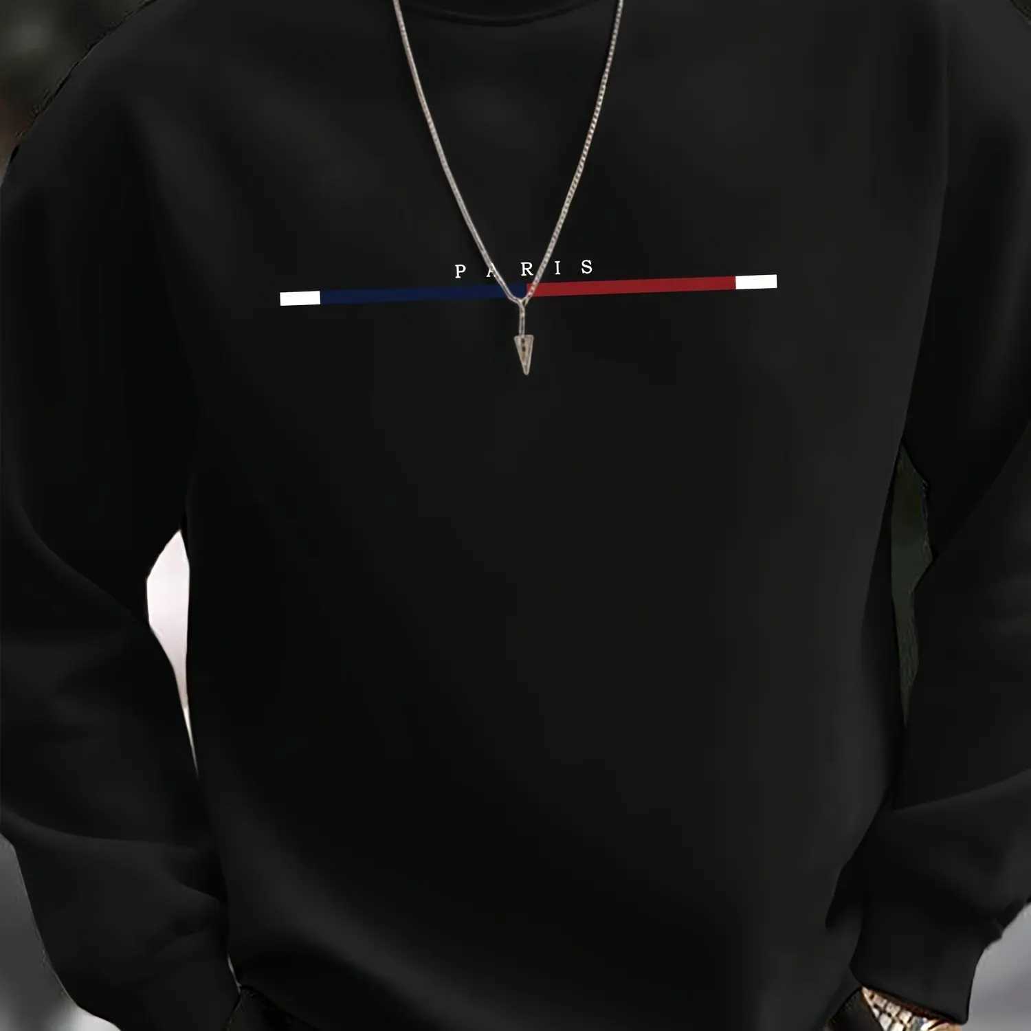 Mens autumn and winter casual sports loose oversized Paris print with fleece warm pullover round neck long sleeved sweatshirt M260312