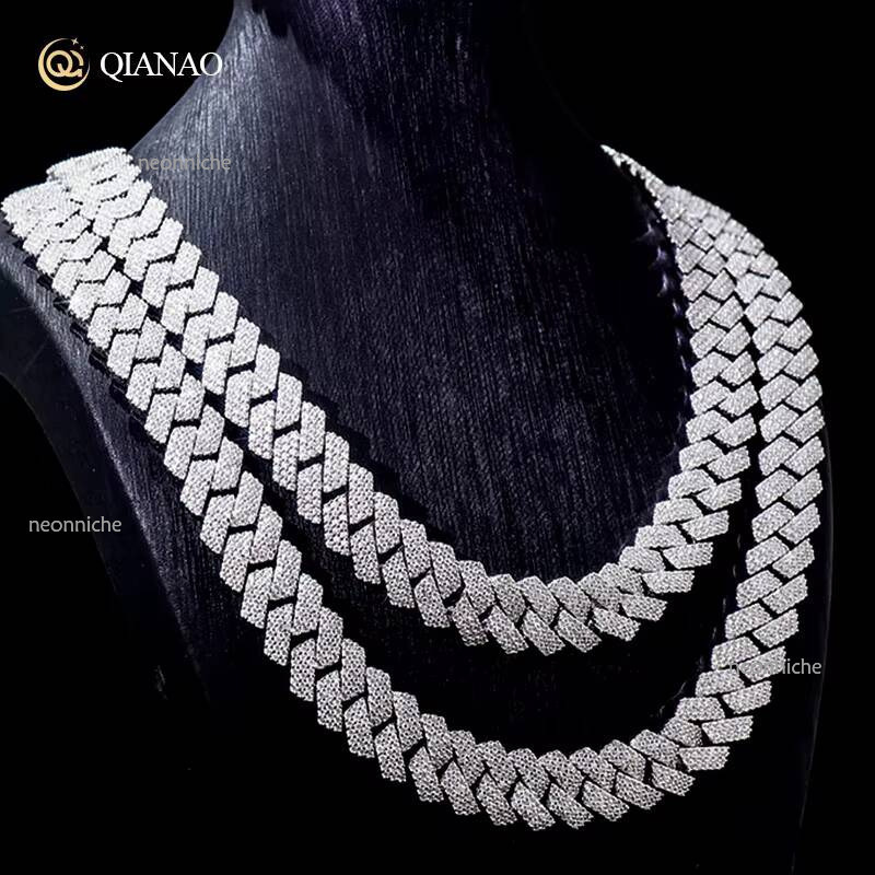 QIANAO Hip Hop jewelry 15mm Solid Sterling Sier VVS1 3 rows Moissanite Dia Heavy Iced Out Cuban Link Chain Necklace