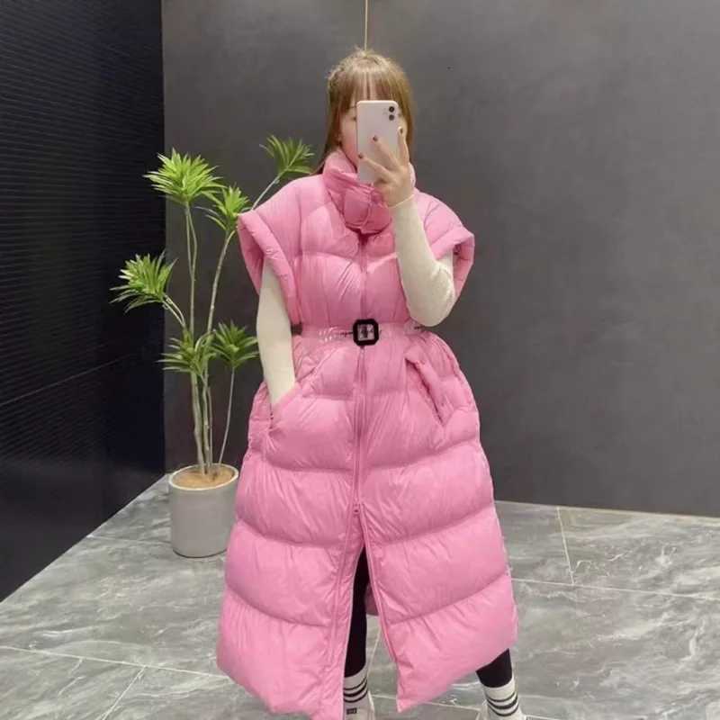 Tight Waist Long Duck Down Vest Coat Womens Fashion Thick Stand Collar Warm Jacket Sleeveless Vest Puffer CoatsT251129