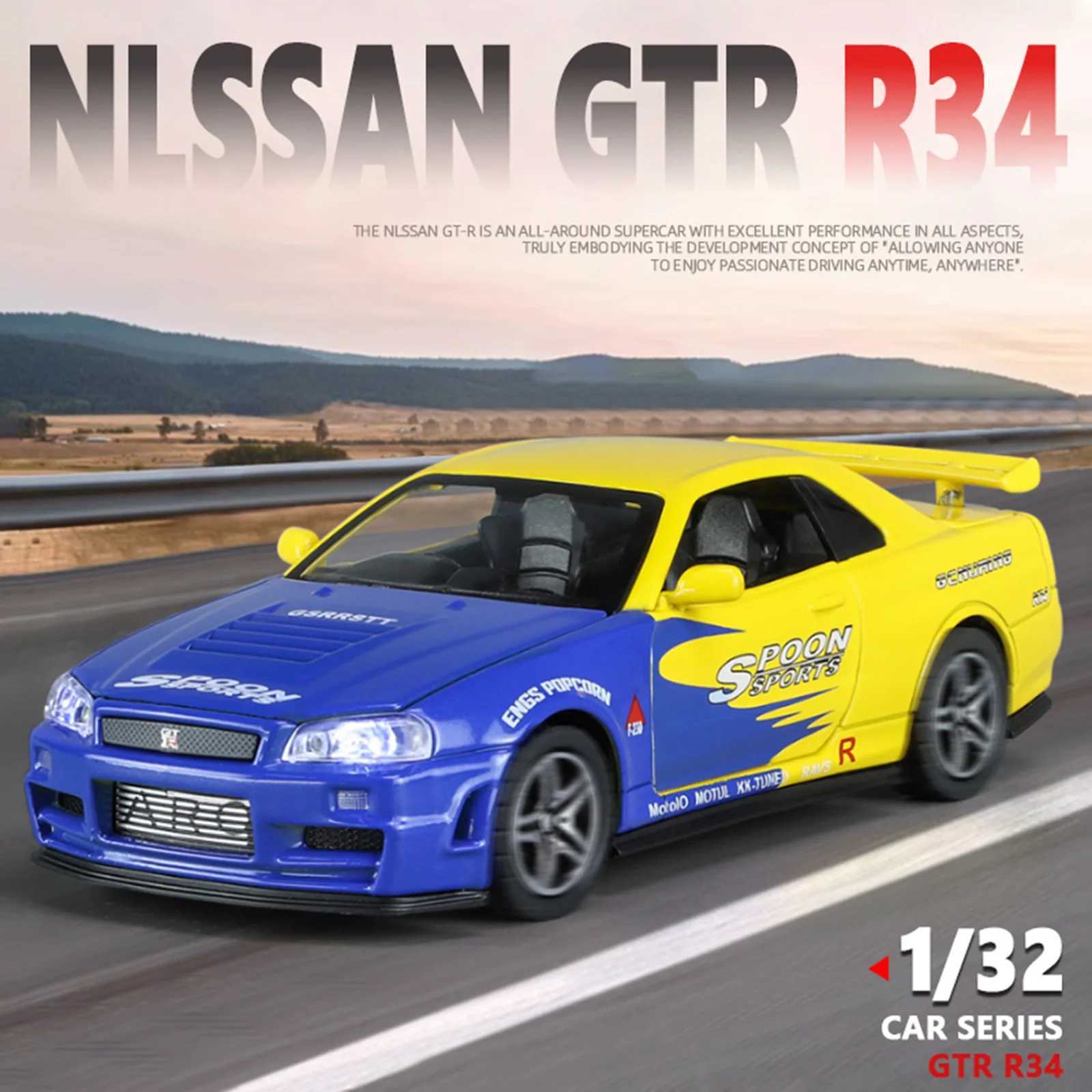 132 GTR R34 Super Sports Car Metal Alloy Diecast Model Car Pull Back Sound And Light Mother Kids Children Games For Boy Friend J251129