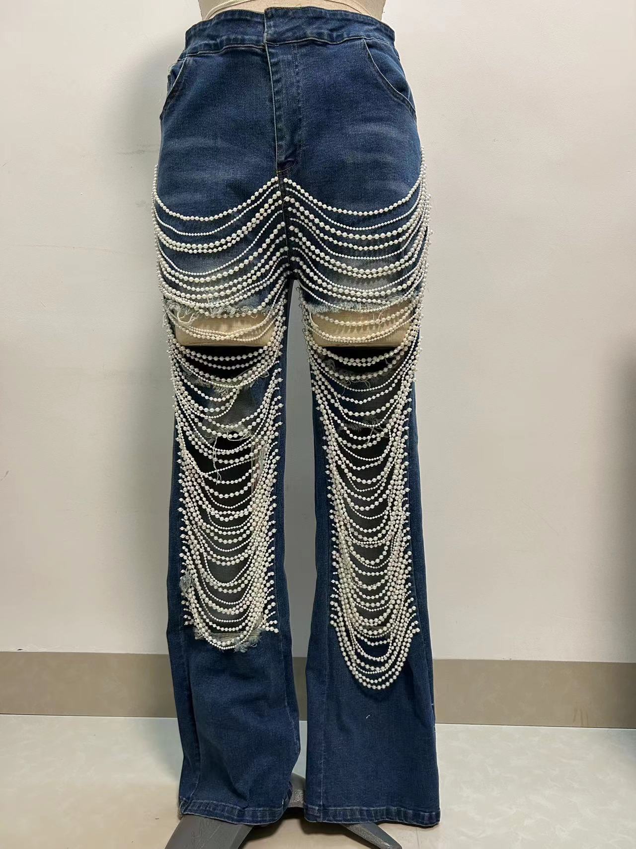 CNLONGBIDA Women's Jeans Big Hole Jeans Women's Chain Bead Chain Hanging Accessories Straight Leg Pants