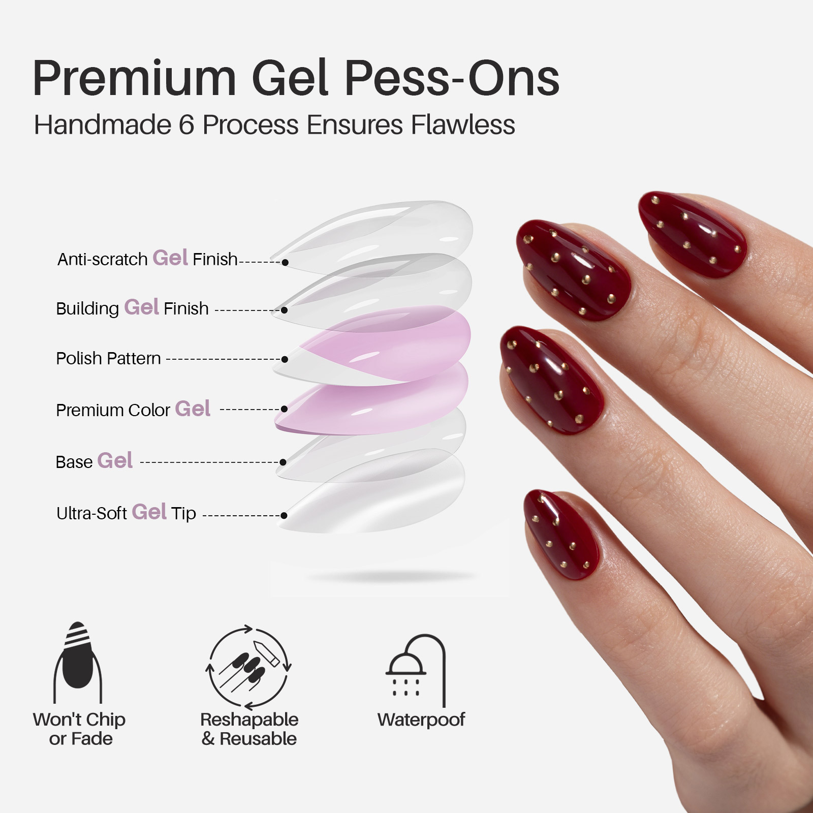 Burgundy with Gold Dots Short Soft Gel Press-on False Nails - 16 sizes for women, includes 32 reusable false nails
