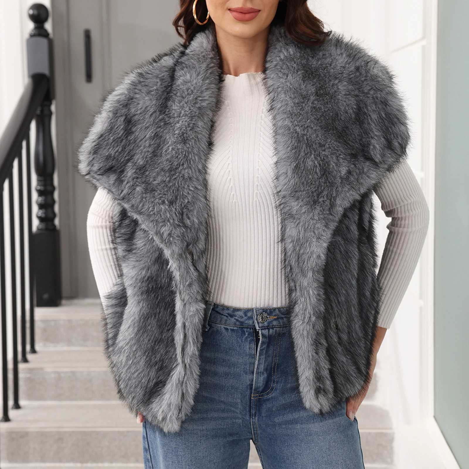 WomenS Fashion Waistcoat Vest Sleeveless Lapel Coat Solid Faux Fur Jacket Coat Winter Thicken Outerwear High Street CoatT251129