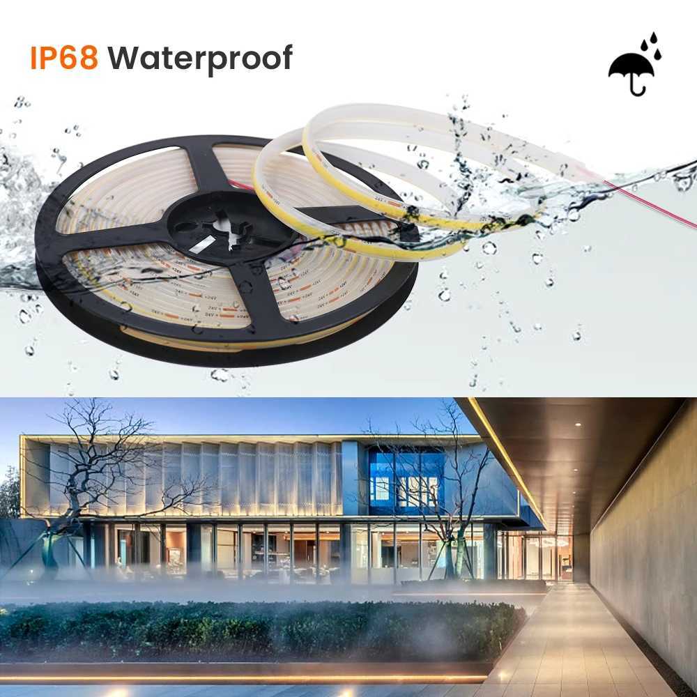 IP68 Waterproof COB Strip 12V 24V 320Leds/M RA90 3000K 4000K 6000K Home Garden Decor Flexible Ribbon Rope LED Light 1M 10M 20M M251129