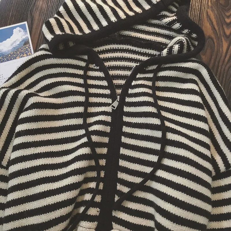 Oversized Knitted Striped Hooded Cardigan Women Autumn Winter Loose Casual Zipper Sweaters Versatile Knitting Outerwear 251128 - view 3