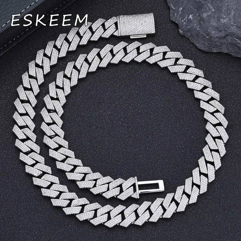 Eskeem Hip Hop Jewelry 15mm 4 Rows Iced Out CZ Stone Prong Cuban Chain Necklace Silver Plated Prong Miami Cuban Link Chain