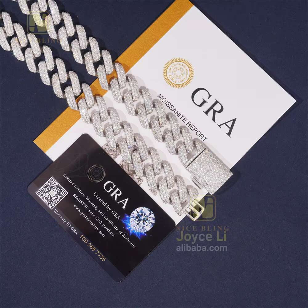 Fine Jewelry Mens Iced Out Jewelry Three Rows 20mm Silver 925 Moissanite Hip Hop Jewelry Cuban Link Chain Men Necklace