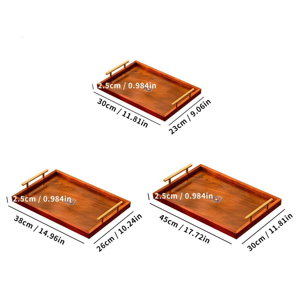 Wooden Serving Tray Set of 3 with Metal Handles - Multi-functional Breakfast Party Storage Platters Brown Y251129