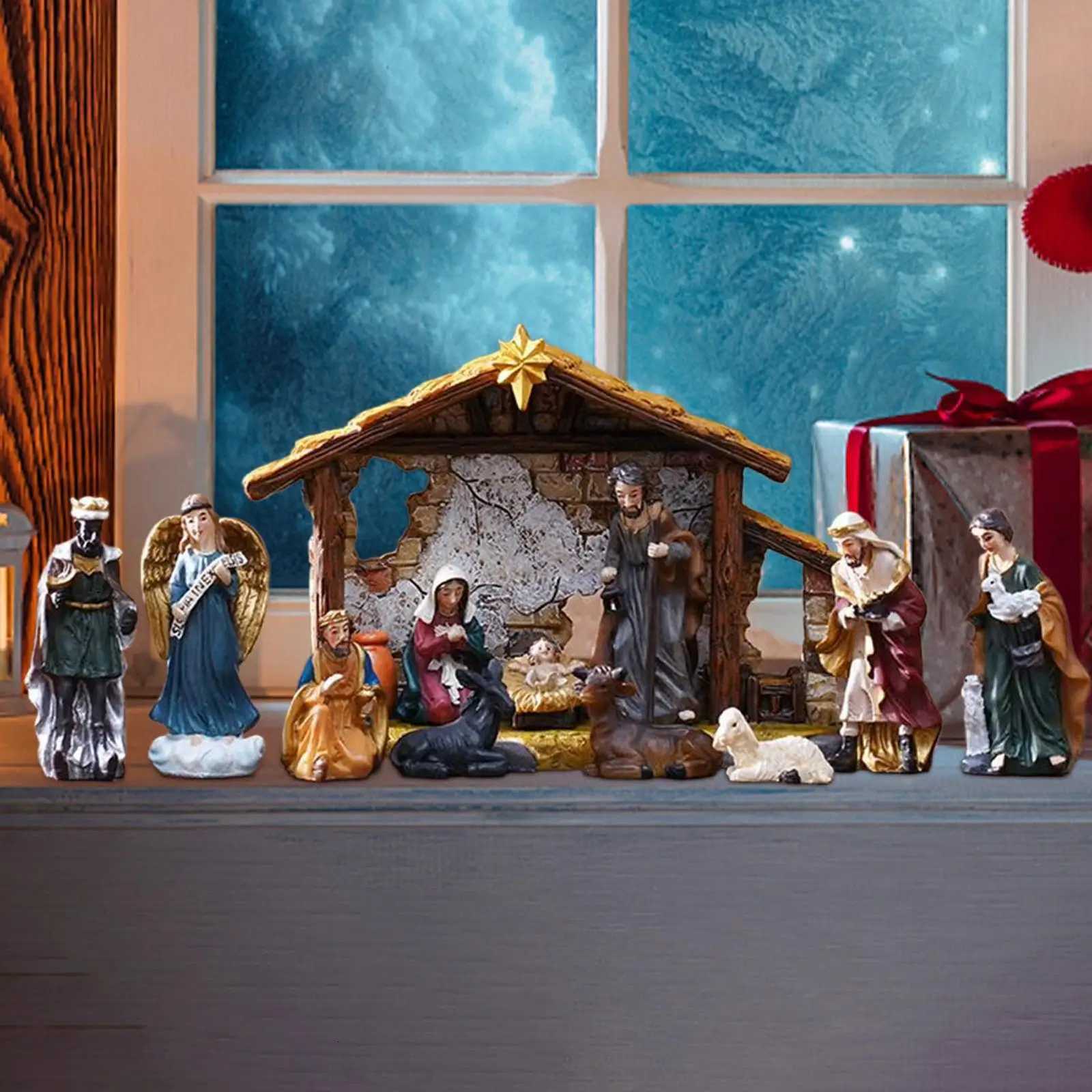 Nativity Set 12 Pieces Religious Jesus Birth Scptures Resin Holiday Decorations Nativity Scene Manger Statue H251129