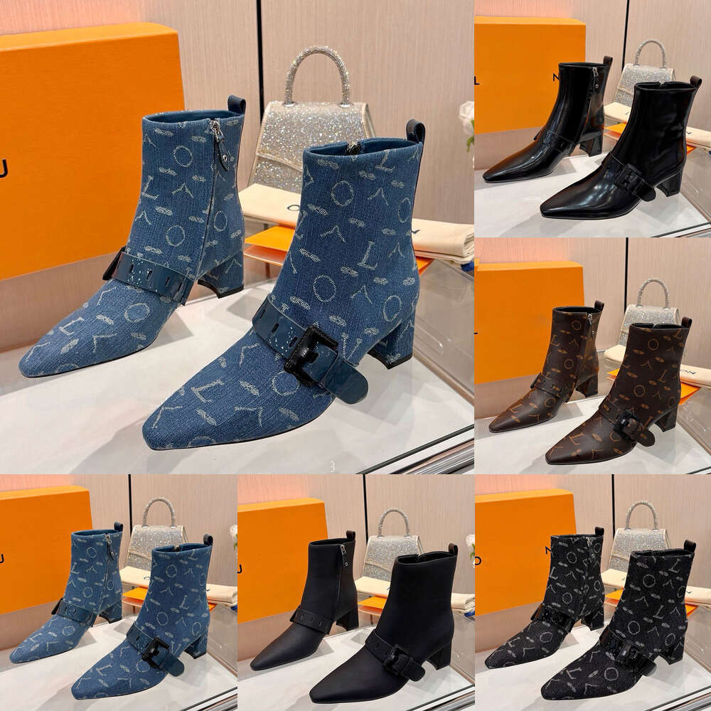 fashion designer shoe woman luxury Ankle boots Ladies Baked Paint Buckle Martin Boot genuine Suede Leather denim Pointed Chunky Heel Boots vintage shoes lady boots