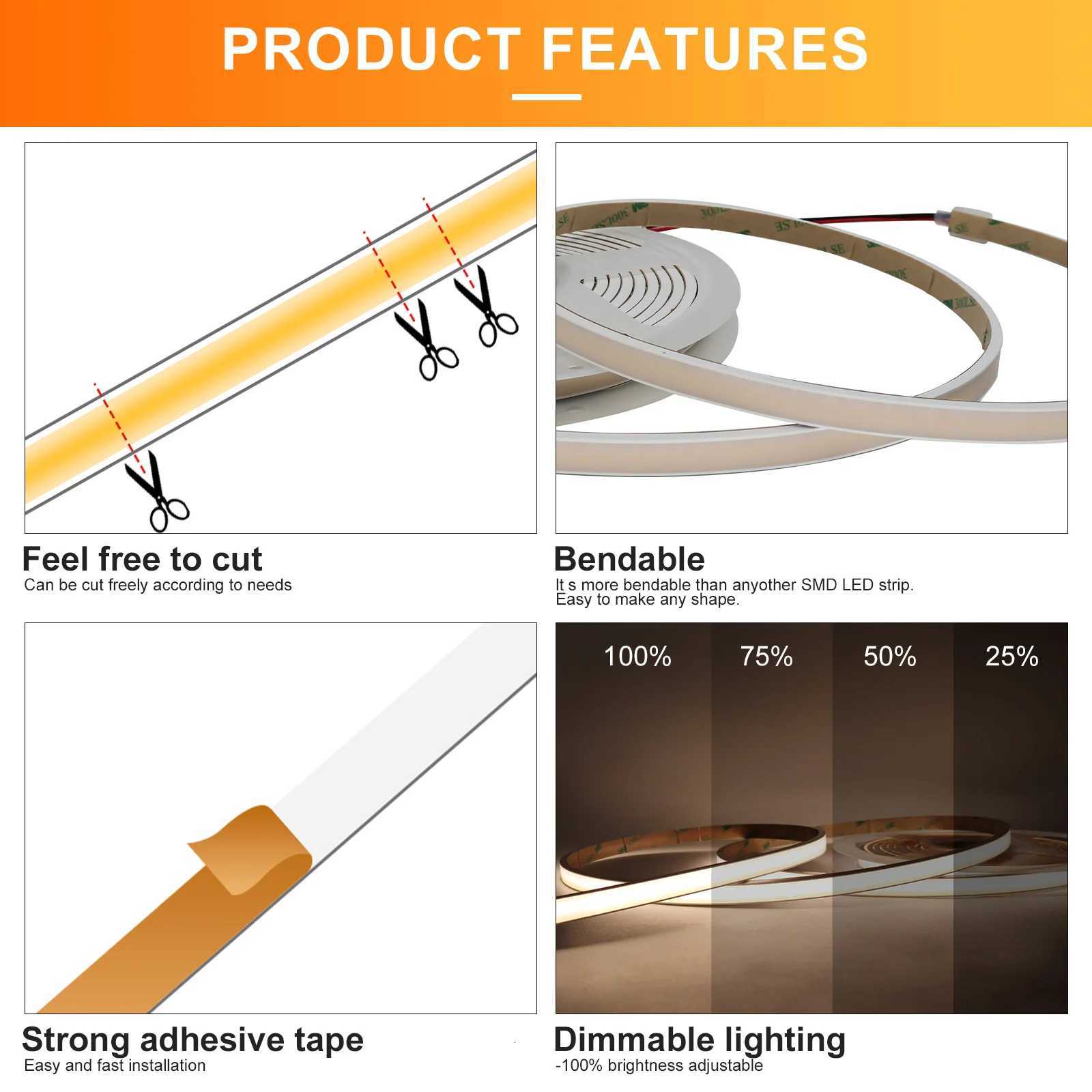 IP68 Waterproof COB Strip Light 12V 24V Sauna LED Strip 3000K 4000K 6000K Flexible Ribbon LED Tape For Outdoor Kitchen Bathroom M251129