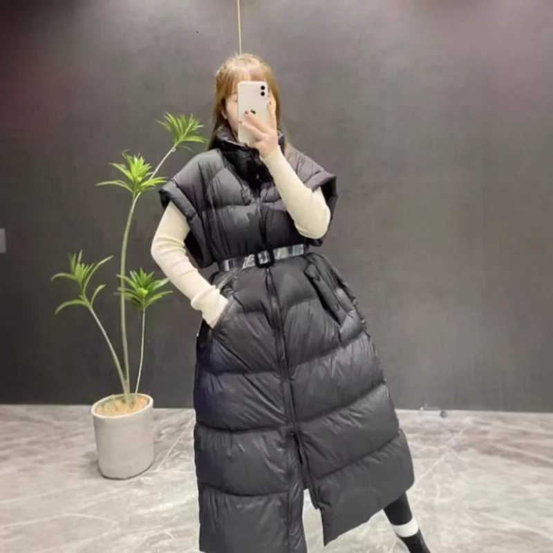 Tight Waist Long Duck Down Vest Coat Womens Fashion Thick Stand Collar Warm Jacket Sleeveless Vest Puffer CoatsT251129