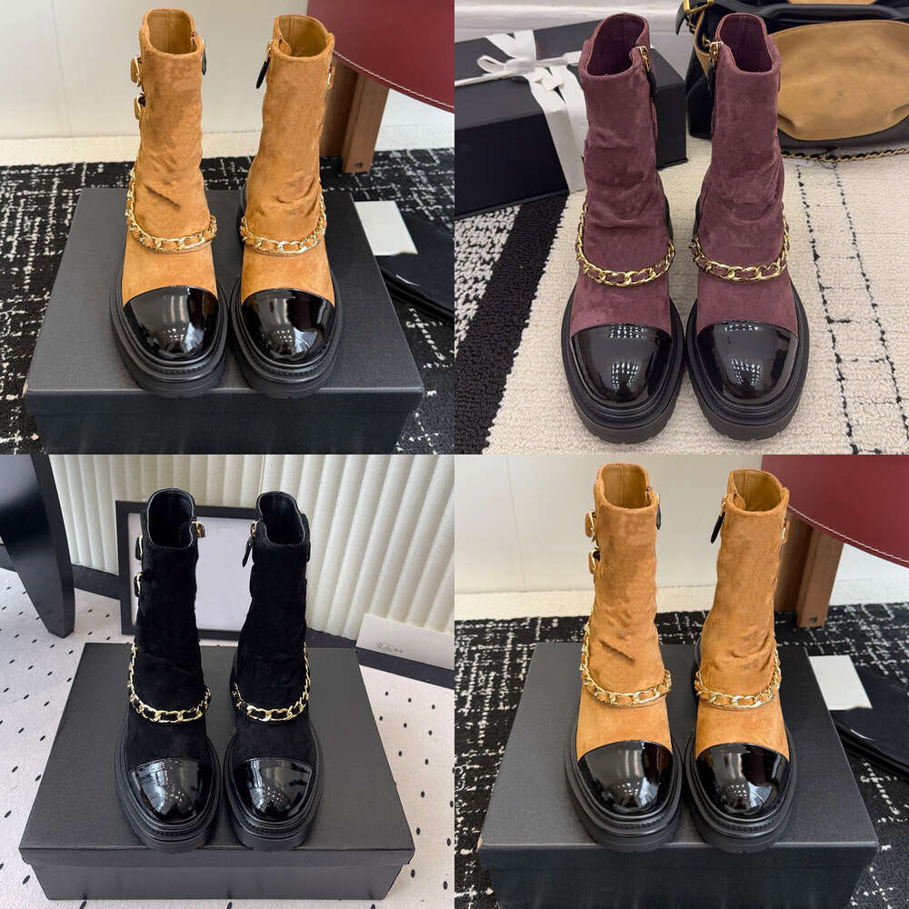 Woman shoe Designer boot 25 New Autumn/Winter Luxury Ankle Boots Ankle Round toes leather Letter Splicing Front Strap Thick Bottom lady Martin Boots knight boots
