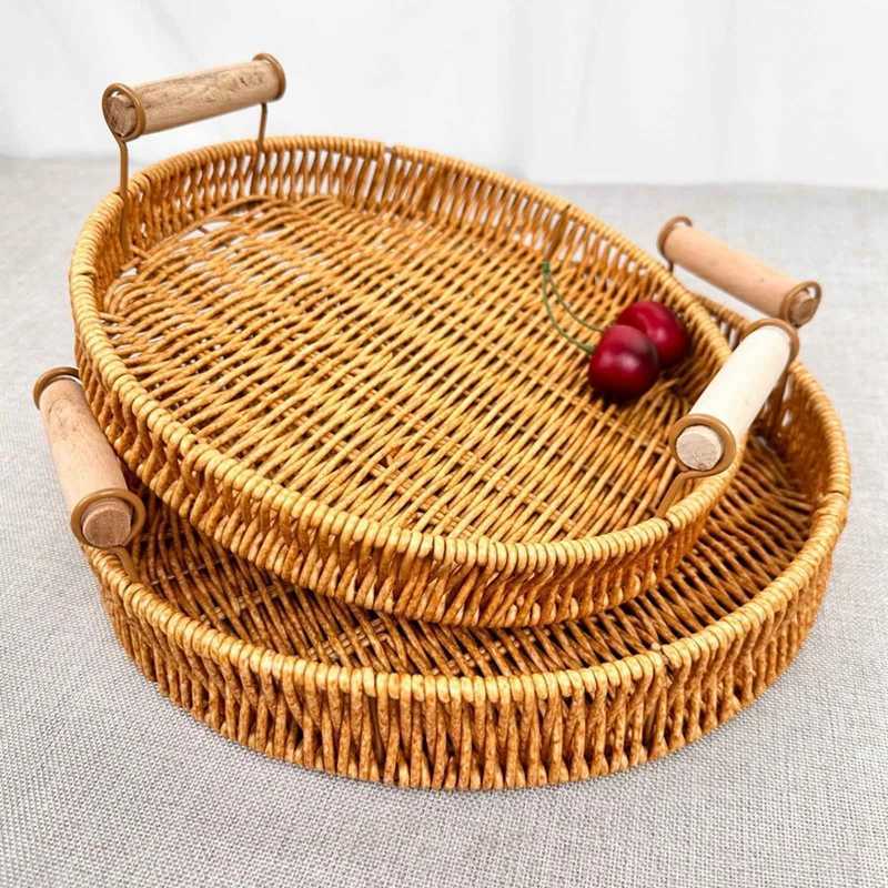 Imitation Rattan Basket Round Square Fruit Bread Storage Basket with Handle Handwoven Storage Tray Home Kitchen Storage Supplies Y251129