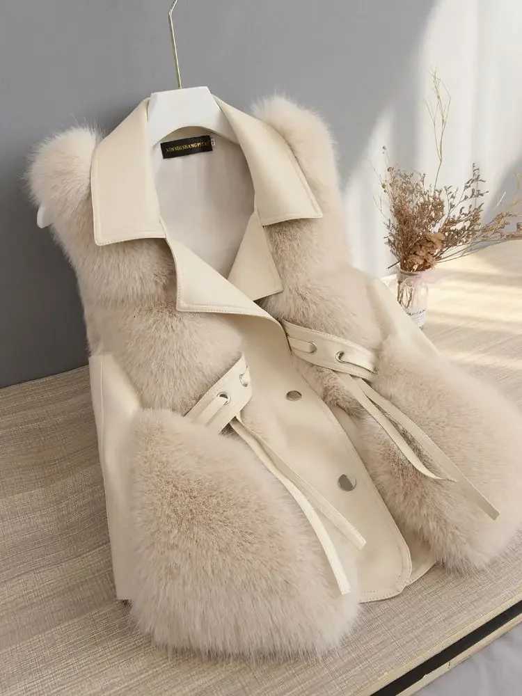 White Lace Up Womens Fur Vests Splicing Lady Giletes Pretty Demi-season New Outerwear Youthful Warm Cheap Cold Elegant WorkingT251129